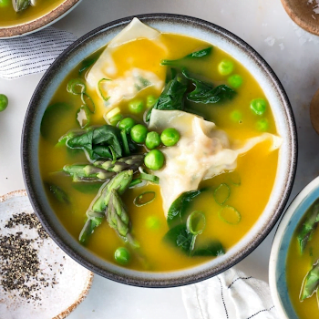 Vegan tofu wonton soup with spring vegetables